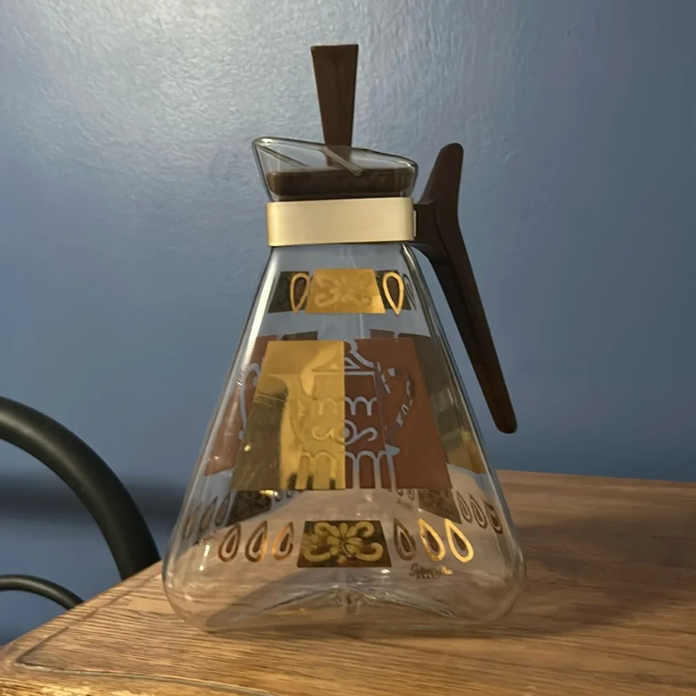 Vintage Gold Pattern Geometric Atomic Glass Coffee Carafe w Handle